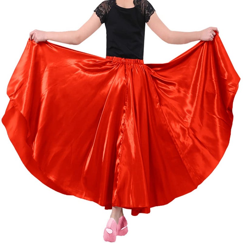 26" Red Girls Stretched Shiny Satin Flowy Long Dance Skirt Dancewear